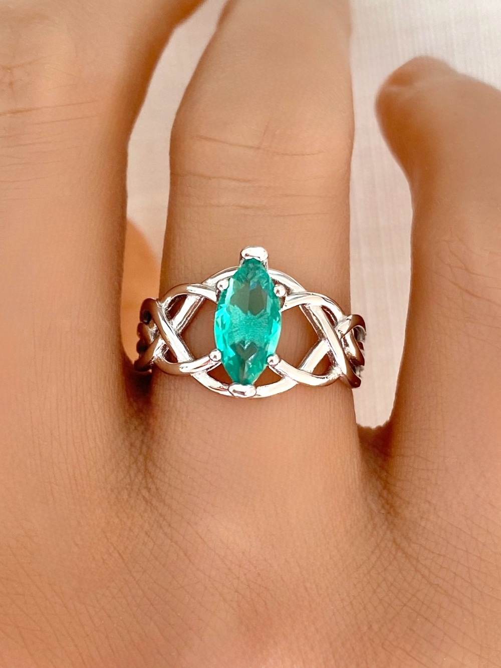 Marquise Green Paraiba CZ Sterling Silver Women’s Celtic Knot Woven Band Ring